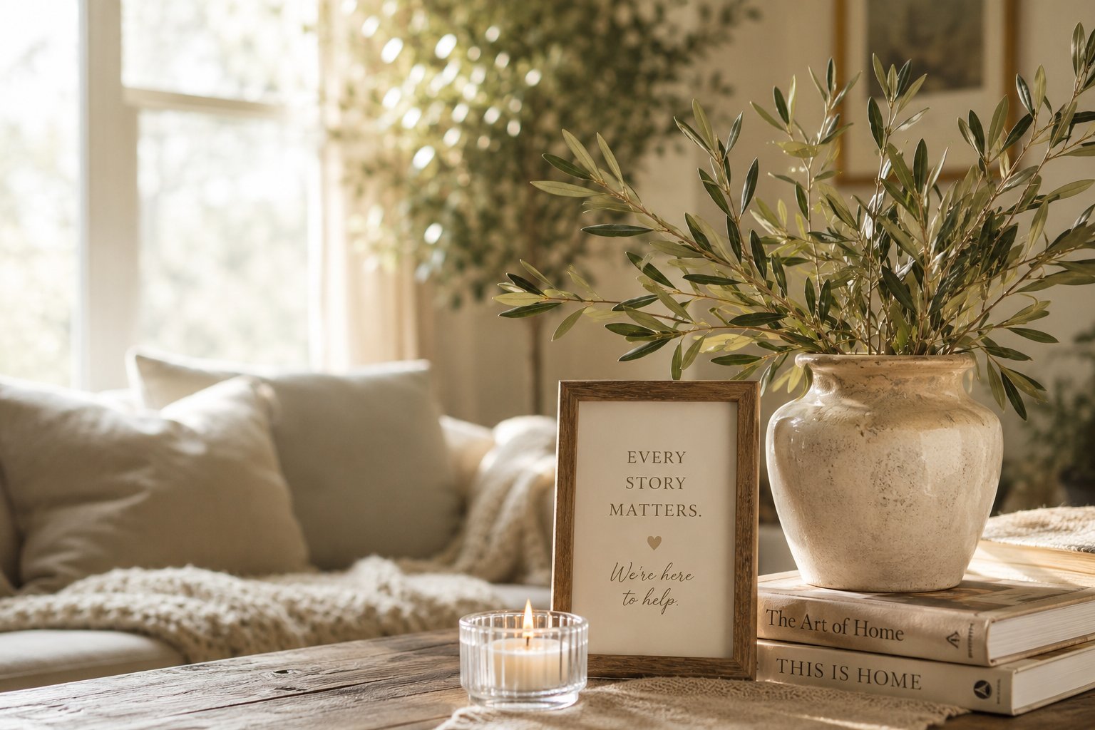A cozy home with a framed sign reading Every Story Matters, We're here to help